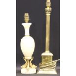 A 20th Century brass columnar table-lamp base, H: 47 cm and an alabaster lamp base with brass