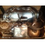 A box of mixed silverware and metalware to include silver plated trays and toby jugs. Not