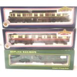 Three OO coaches, 60ft Collett GWR, blood/custard, BR Green, mostly in very good condition, wrong
