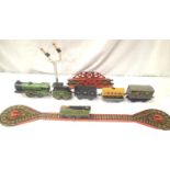 Metty Clockwork Spitfire locomotive with track, 0.4.0 and tender 490 with three wagons, bridge,