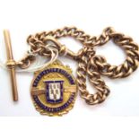 9ct gold watch chain, each link stamped with a 9ct gold fob for amateur football 1937-1938. 32.9g.