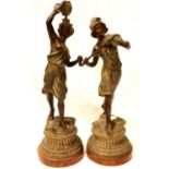 Pair of large French spelter figurines on turned bases, H: 55 cm. P&P Group 3 (£25+VAT for the first