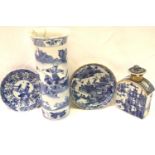 19th Century Chinese blue and white ceramics including a covered flask and a sleeve vase, all with