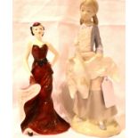 Coalport ceramic figurine of a sophisticated lady and a Nao figurine of a young girl holding a swan.