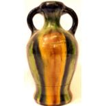 Early Belgium stoneware drip glazed twin handled vase, H: 20 cm. P&P Group 3 (£25+VAT for the