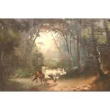 Large unattributed oil on canvas, Cattle in a Clearing, signed lower right, 90 x 140 cm. Not
