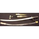 Indian cavalry sabre, Spanish Dirk made dagger and a copy WWII medal. P&P Group 3 (£25+VAT for the