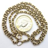 18ct gold muff chain, L: 58 cm, 12.4g with 9ct gold clip. P&P Group 1 (£14+VAT for the first lot and