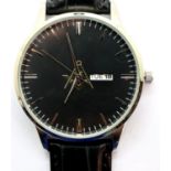 New gents wristwatch with day and date aperture and Masonic emblem, working at lotting. P&P Group