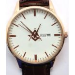 New gents wristwatch with day and date aperture (French) and Masonic emblem, working at lotting. P&P