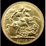 *** WITHDRAWN *** 1912 George V sovereign. P&P Group 1 (£14+VAT for the first lot and £1+VAT for