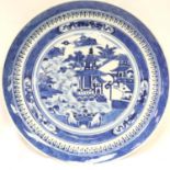 Chinese 18th/19th century glazed plate, displaying figures in a garden with pagodas, D: 24 cm. P&P
