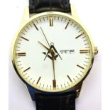 New gents wristwatch with day and date aperture (French) and Masonic emblem, working at lotting. P&P
