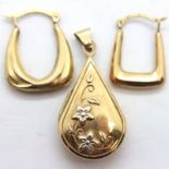 9ct gold earrings and pendant locket, 1.7g. P&P Group 1 (£14+VAT for the first lot and £1+VAT for