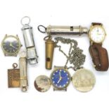 Mixed whistles including ACME City Help whistle by Roy Christie, wristwatches, medallions etc. P&P