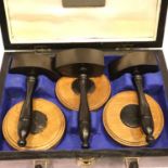 An oval cased set of three common gavels with blocks. P&P Group 2 (£18+VAT for the first lot and £