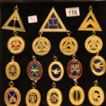 Seventeen craft officers sash jewels from various districts, mounted on board. P&P Group 2 (£18+