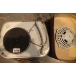Retro cased portable French Teppaz Cleo 4 speed mono record player. Not available for in-house P&