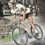 Oil on board of Eddie Merckx inn his pre 1976 Peugeot kit, 50 x 46cm, signed Kruse. P&P Group 3 (£