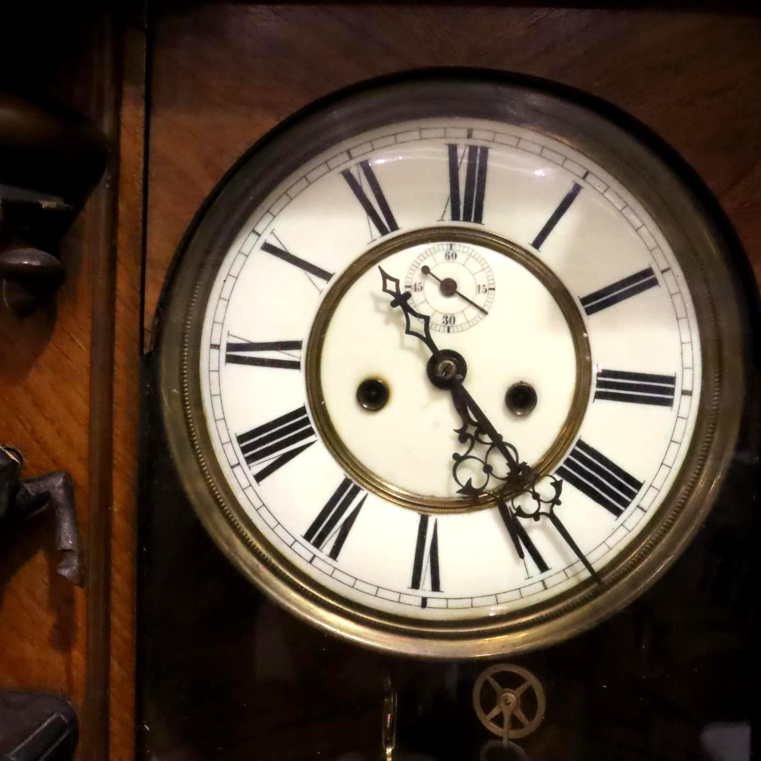 A 19th Century Bavarian walnut cased Vienna wall clock, the enamelled dial with subsidiary - Image 2 of 5