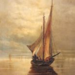 19th Century oil on canvas, fishing boats on calm waters, canvas marked for G Rowney & Co London, 30