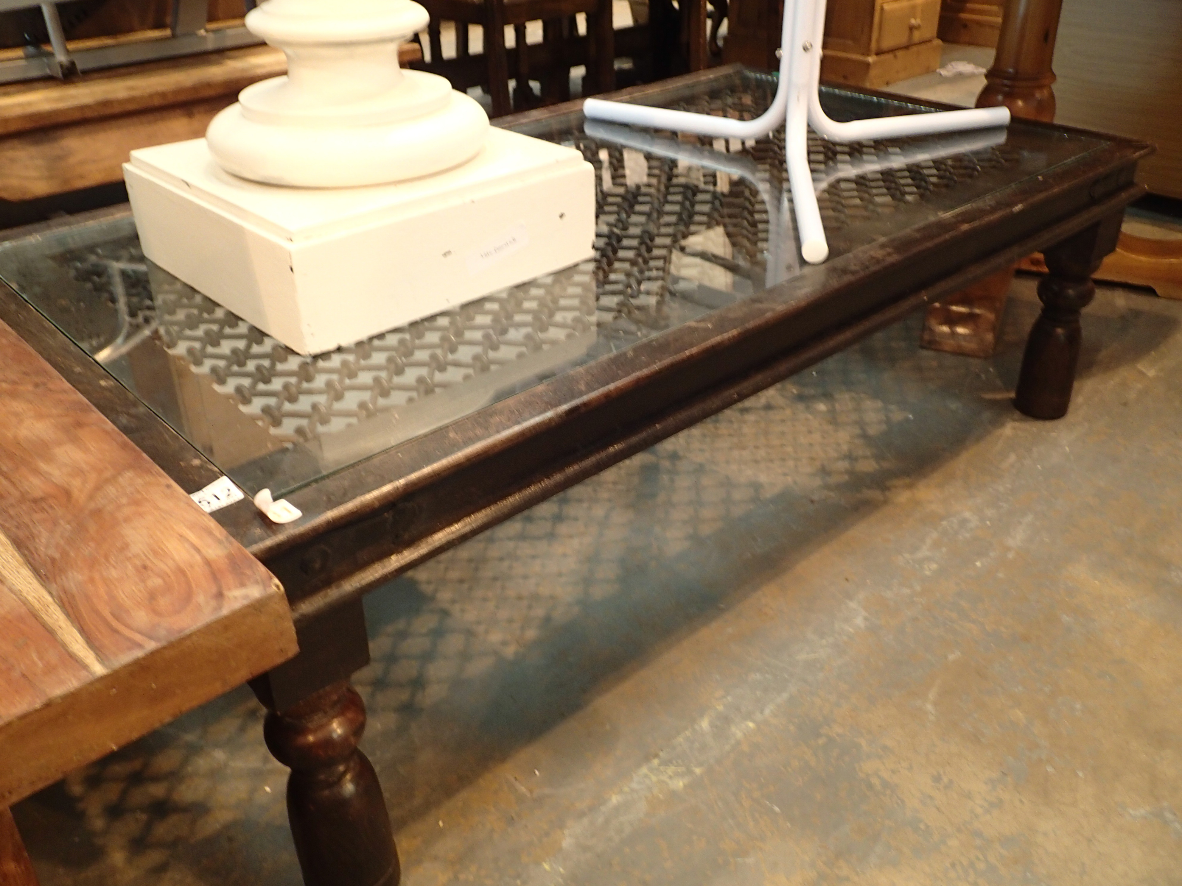 An oak and wrought iron coffee table. Not available for in-house P&P, contact Paul O'Hea at