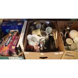 Three boxes of mixed household items including glass and ceramics. Not available for in-house P&P,