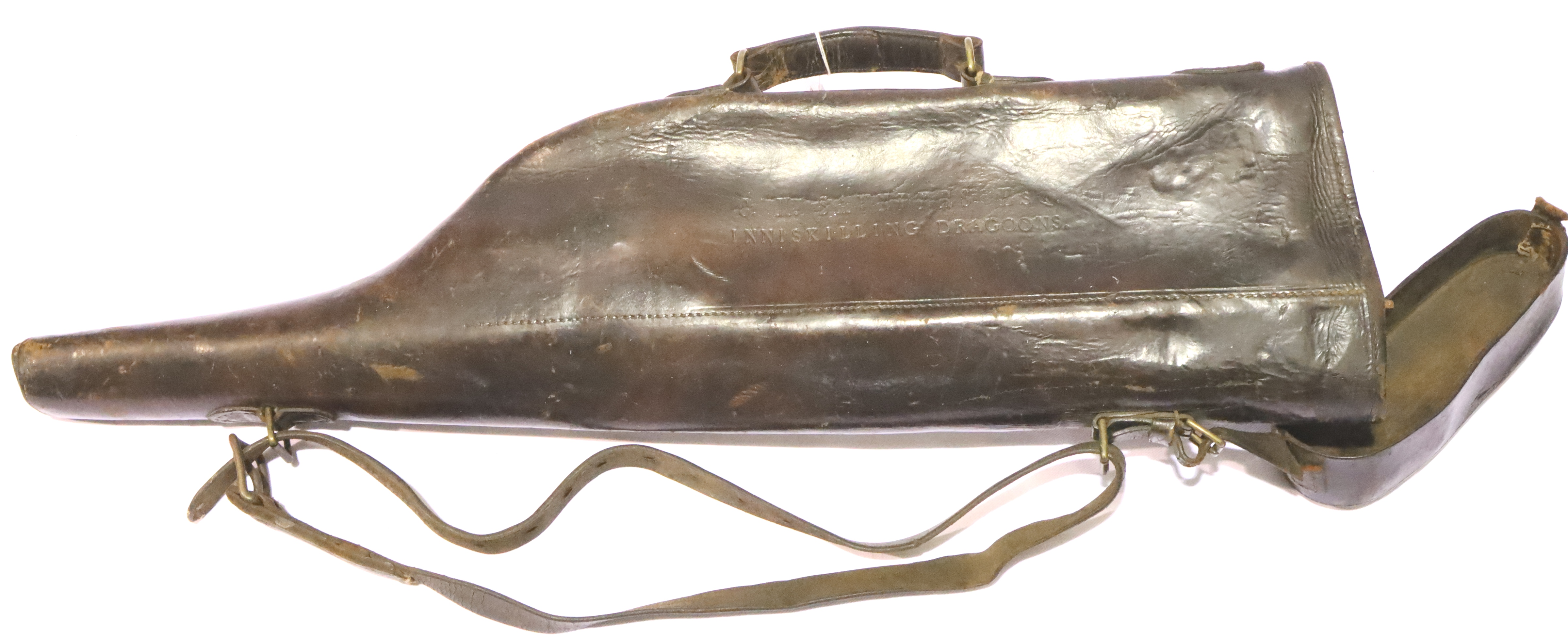 O H SAUNDERS ESQ INNISKILLING DRAGOONS, a 19th century leg of mutton form brown leather gun case,