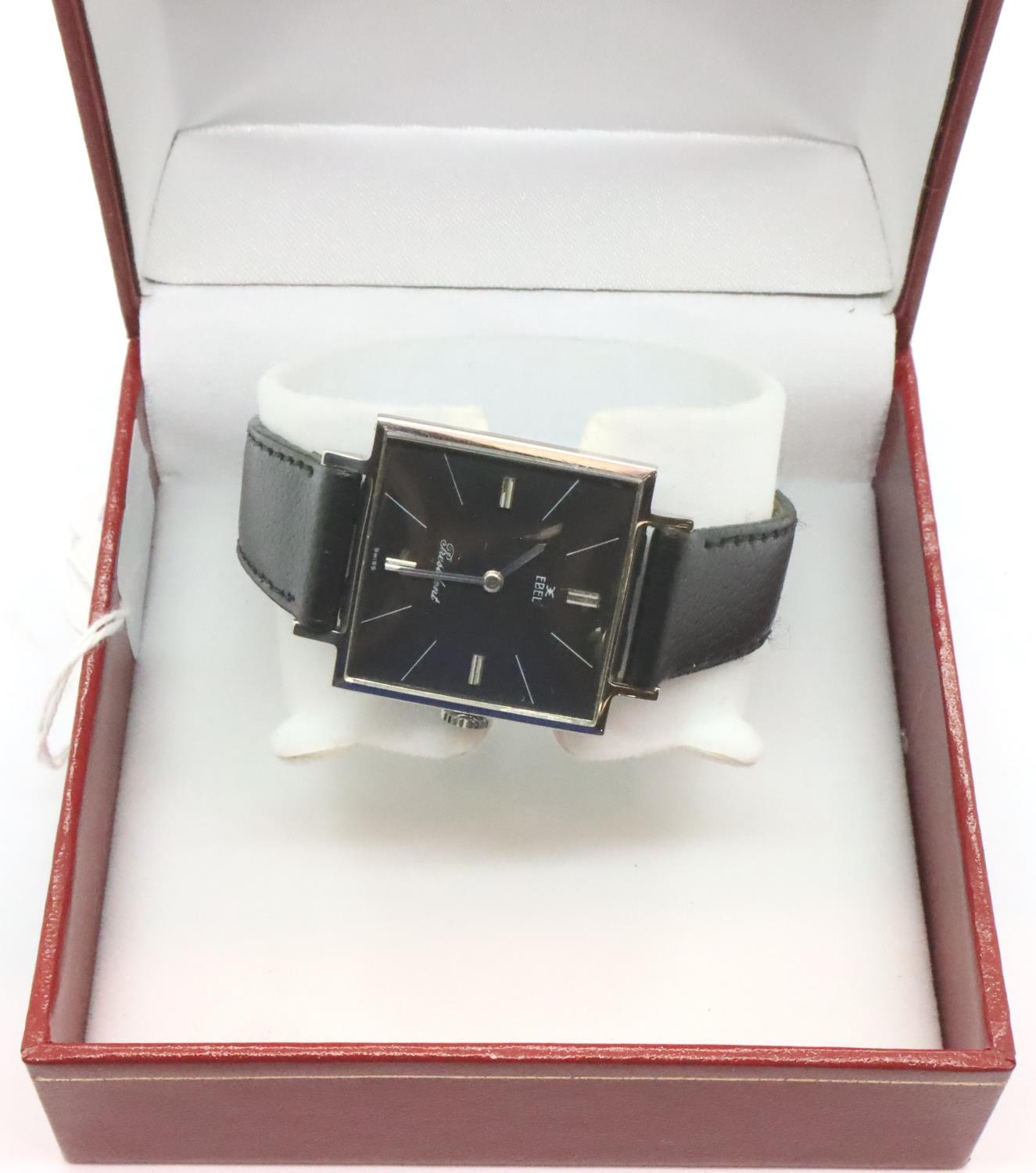 Ebel; vintage ultra slim gents wristwatch, President model with square black dial, silver hands