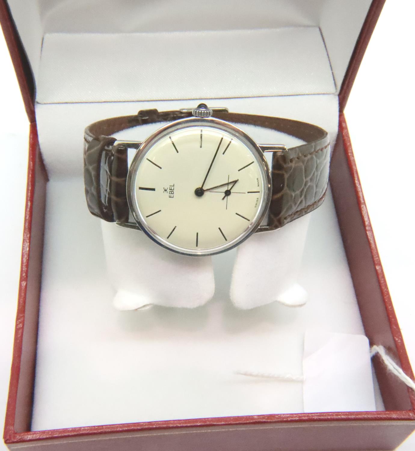 Ebel; vintage ultra slim mechanical wristwatch with cream dial, second sub dial and brown leather