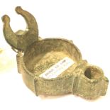 Rare 6th Century Byzantine period bronze oil lamp with Museum label, L: 11 cm. P&P Group 1 (£14+