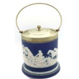 Victorian jasperware biscuit barrel, H: 15 cm. P&P Group 2 (£18+VAT for the first lot and £3+VAT for