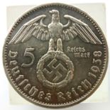 1938 German 5 Marks of the Third Reich, Karlsruhe Mint (G). P&P Group 1 (£14+VAT for the first lot