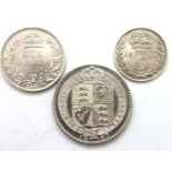 Three Queen Victoria Silver coins; 3d, 6d and shilling. P&P Group 1 (£14+VAT for the first lot