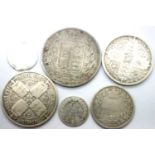 Six young head silver coins of Queen Victoria including two Gothic florins. P&P Group 1 (£14+VAT for