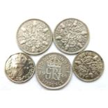 Five silver coins, Edward VII to George VI. P&P Group 1 (£14+VAT for the first lot and £1+VAT for