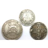 Three silver coins of George II, Queen Victoria and George V. P&P Group 1 (£14+VAT for the first lot
