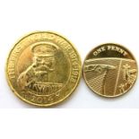 Two gold plated coins, 1 pence and £2. P&P Group 1 (£14+VAT for the first lot and £1+VAT for