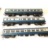 Three Hornby Blue/Grey Intercity coaches, in very good condition, unboxed, requires cleaning. P&P