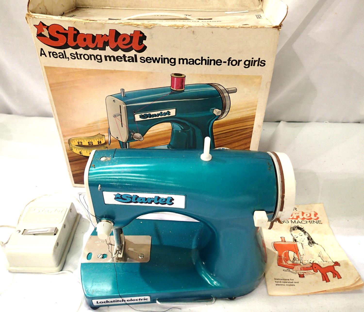 Meccano Starlet battery operated sewing machine, metal, complete with footswitch, instructions