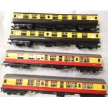 Four Hornby OO coaches 2 - BR Blood/Custard and two - G.W.R. Choc/Cream, all in VG to excellent