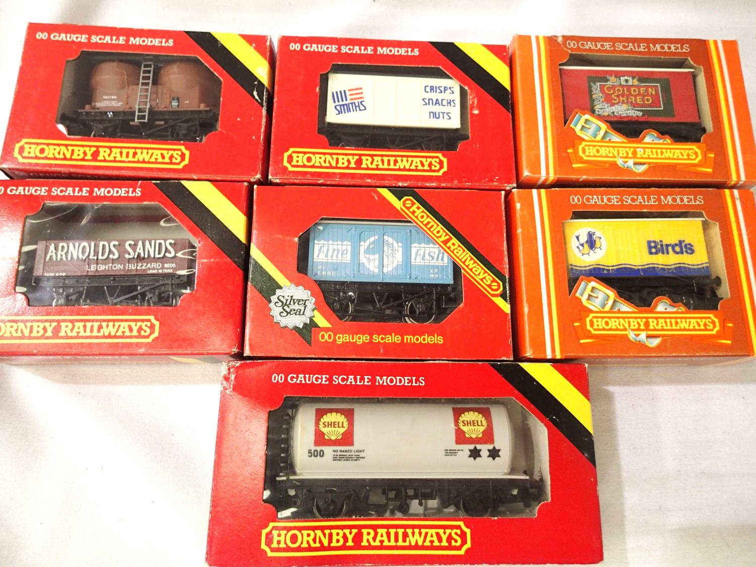 Seven Hornby boxed wagons, four wheel type, including Golden Shred, Birds etc, mostly in very good