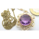 Edwardian 15ct amethyst/seed pearl cluster pendant necklace. Missing two pearls one is in box, chain