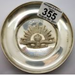 1915 Hallmarked Solid Silver Dish with solid silver Australian rising sun badge, dedicated to