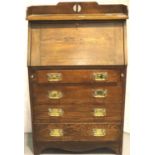 Edwardian oak drop front slim bureau with four drawers, W: 70 cm. Not available for in-house P&P,