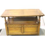 Oak monks bench with lifting lid, 106 x 51 x 103 cm H. Not available for in-house P&P, contact