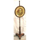 Walnut pole screen with embroidered floral panel, H: 141 cm. Not available for in-house P&P, contact