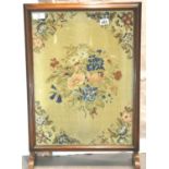 Walnut fire screen with embroidered floral panel 50 x 75 cm H. Not available for in-house P&P,