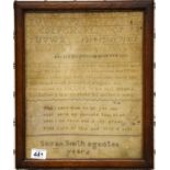 Victorian sampler framed and glazed with annotation to verso, Gran Died 1902 aged 70. Not