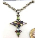 925 silver stone set cross pendant and neck chain, pendant H: 40 mm, chain L: 46 cm. P&P Group 1 (£